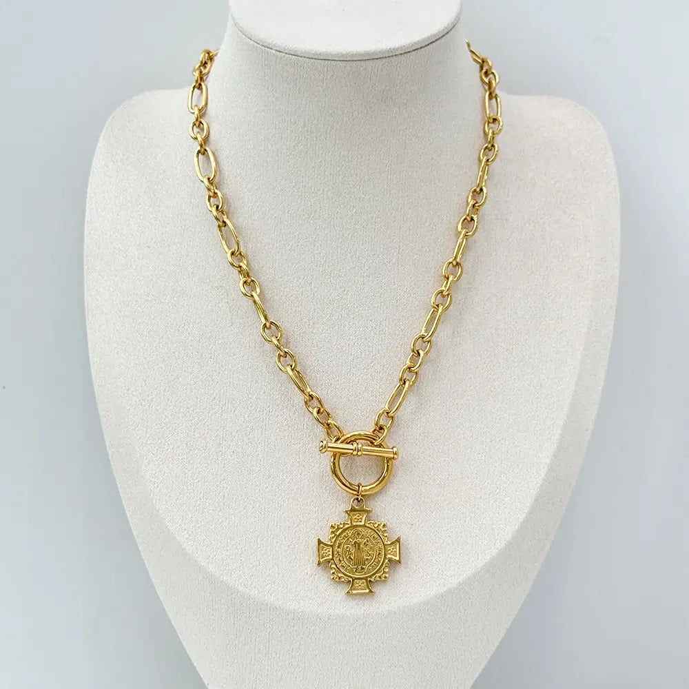 18K Gold Plated Stainless Steel Chain Benedictine Cross Choker Pendant Necklace