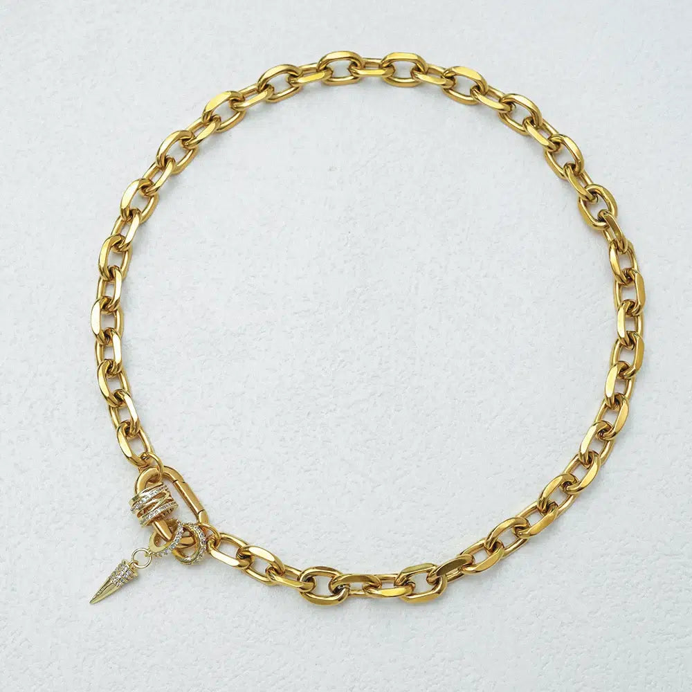 Gold Plated Oval Link Spring Clasp Full Zirconia Charm Necklace Jewelry Women