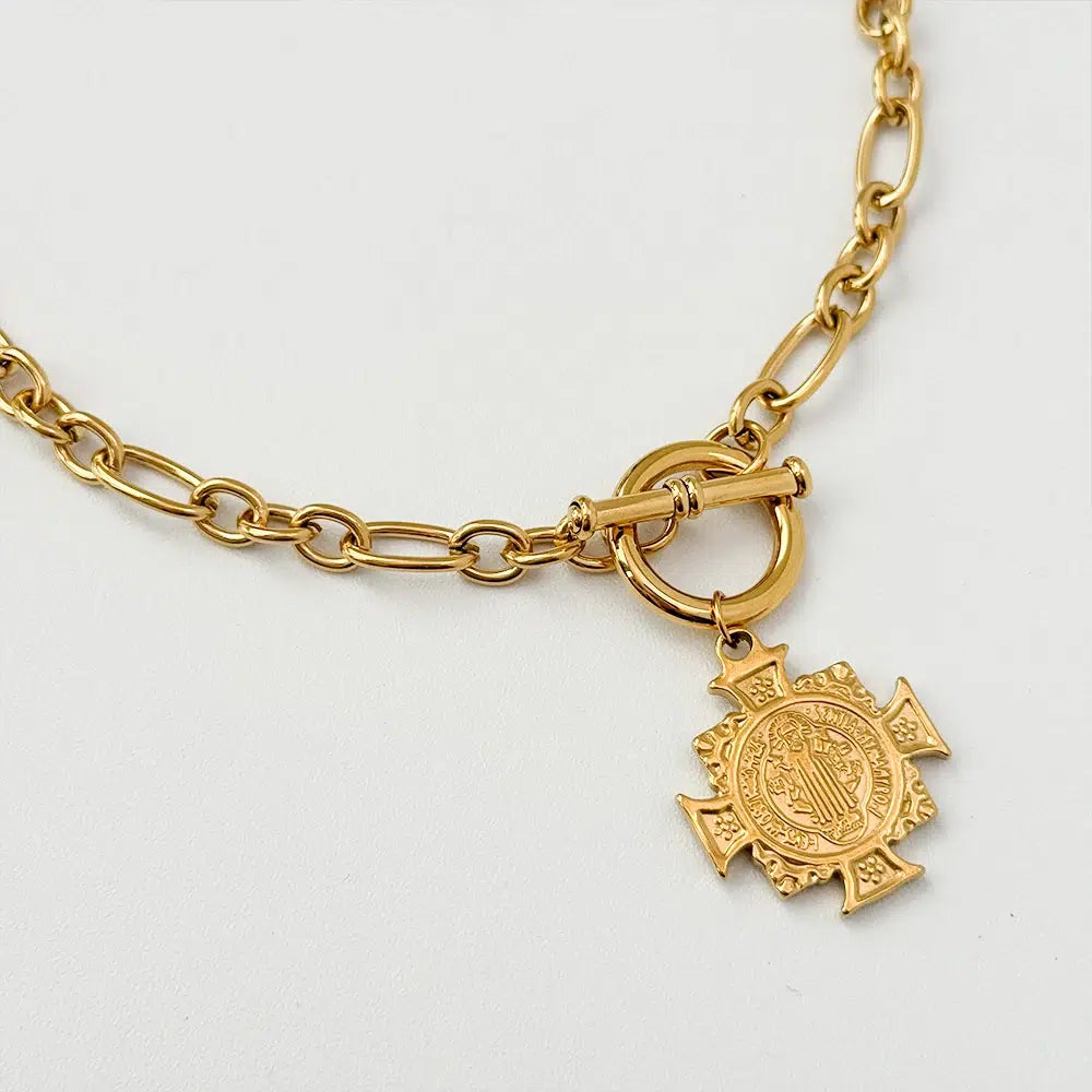 18K Gold Plated Stainless Steel Chain Benedictine Cross Choker Pendant Necklace