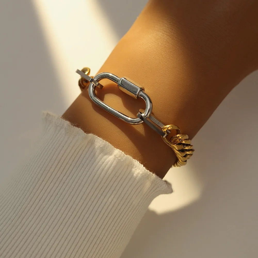 18K Gold Plated Stainless Steel Women's Bracelet Polished Cuban Chain Two-tone Thick Carabiner Bracelet for Women