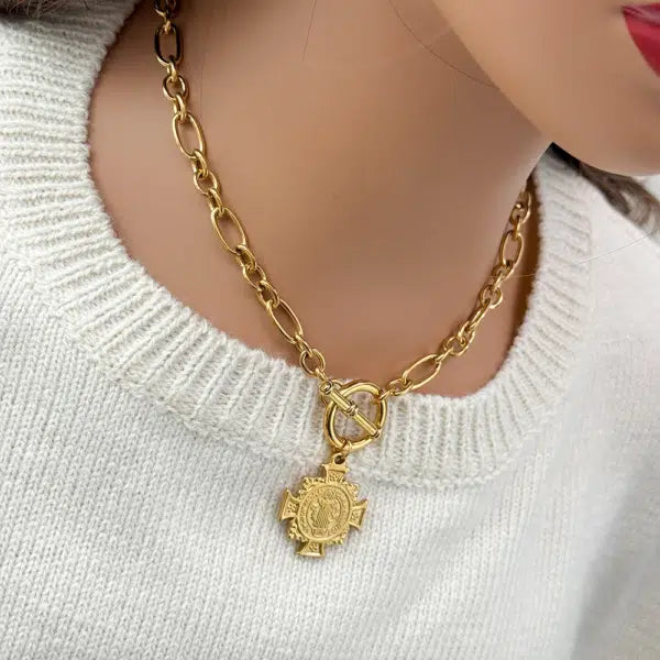 18K Gold Plated Stainless Steel Chain Benedictine Cross Choker Pendant Necklace