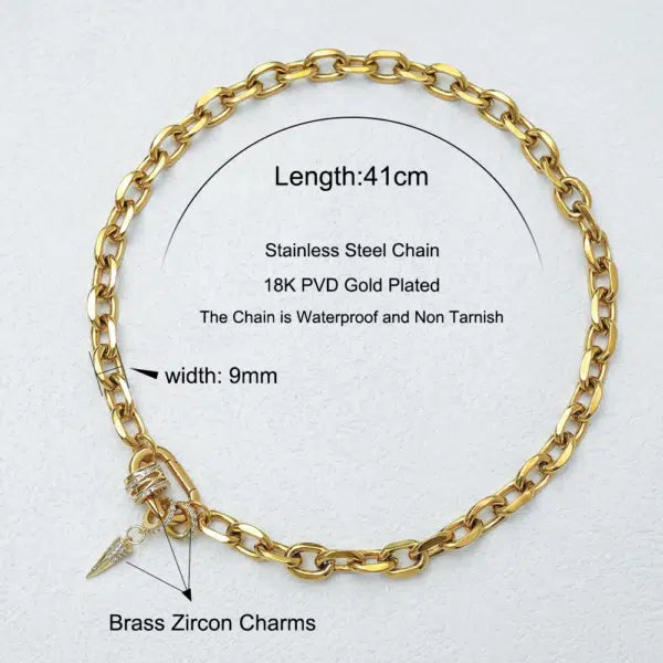 Gold Plated Oval Link Spring Clasp Full Zirconia Charm Necklace Jewelry Women