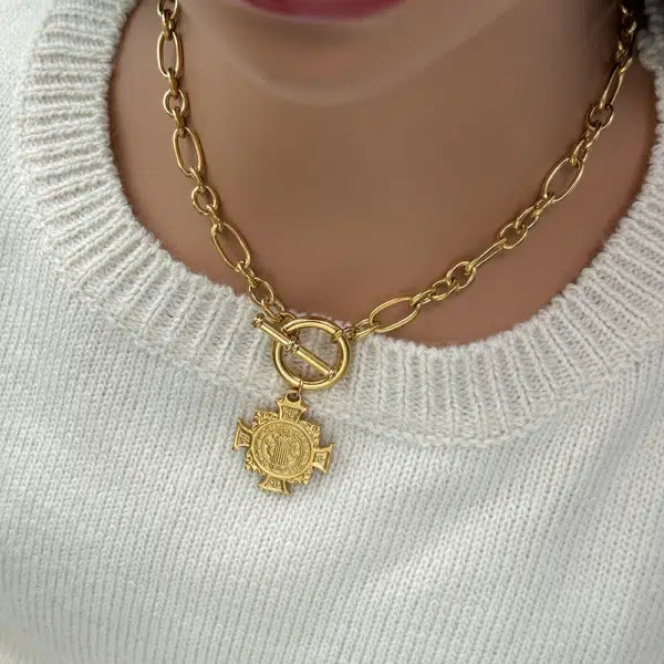 18K Gold Plated Stainless Steel Chain Benedictine Cross Choker Pendant Necklace
